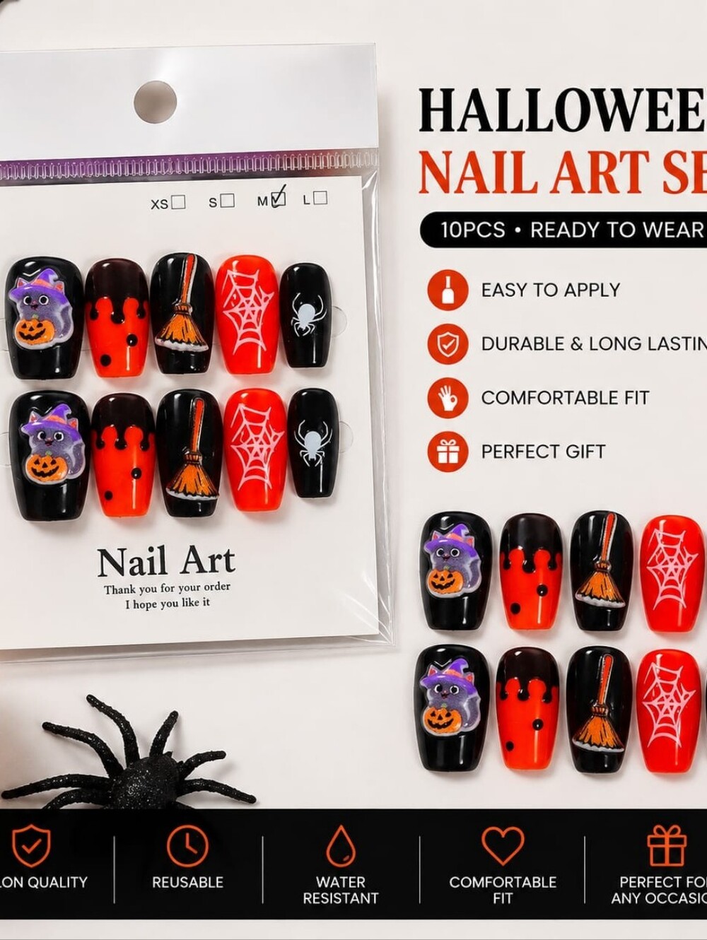 Halloween Nail Art Set - Black & Orange Press-On Nails
